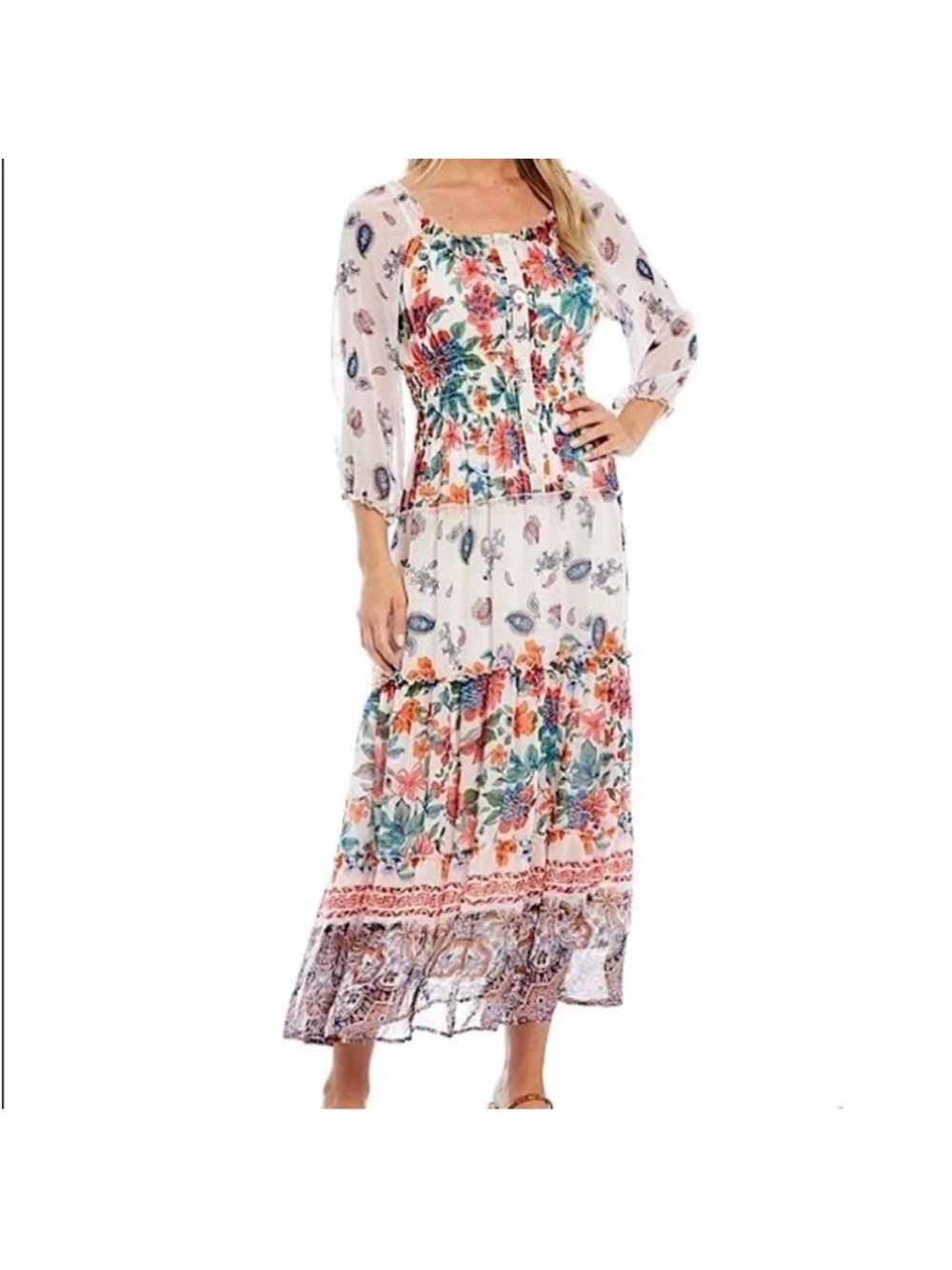 fig and flower White Floral Maxi Dress with Blue & Orange Accents - Picture 4 of 13